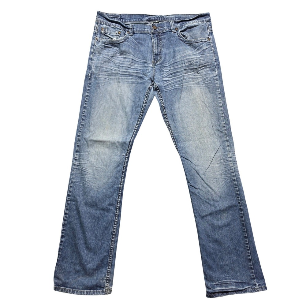 Indie Skater Distressed Straight Leg Whiskered BKE Denim Jeans Mens 34x34 Blue